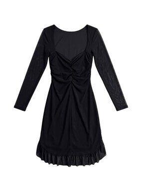 NWOT | Black Sheer Long Sleeve Ruched Twist Front Ruffle Hem Midi Dress | Small